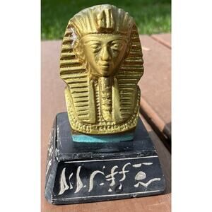 Brass Egyptian Pharaoh Head on Black Base with Hieroglyphs Paperweight